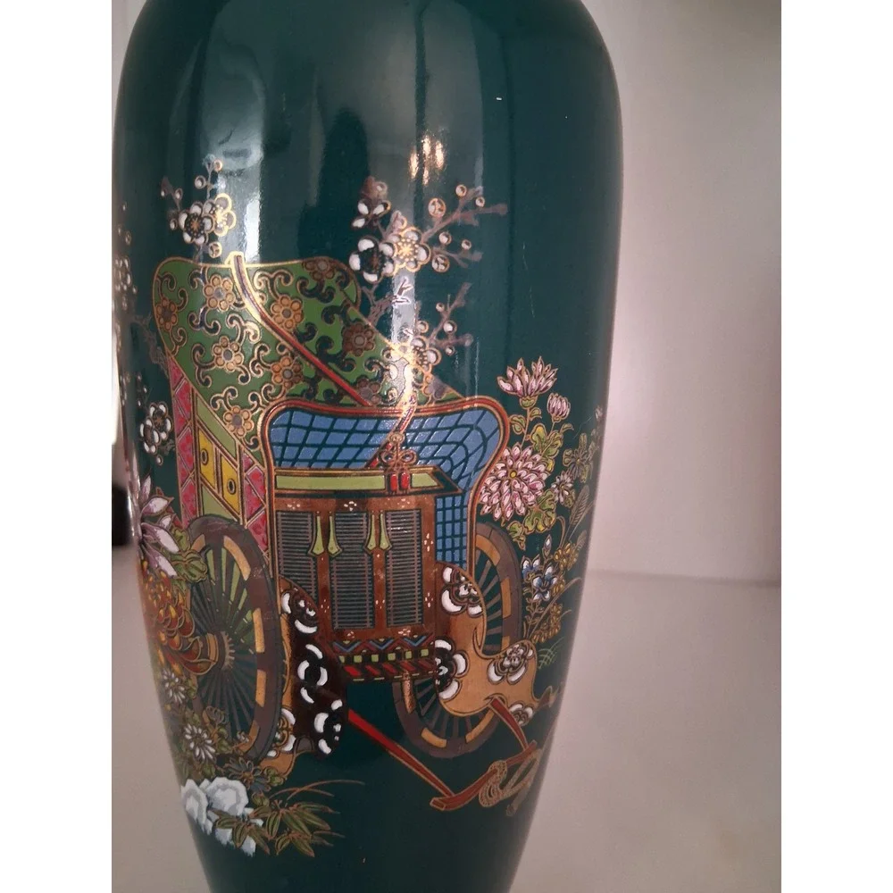Vintage Japanese Teal Green Porcelain Vase Gold Imperial Carriage Floral 8in